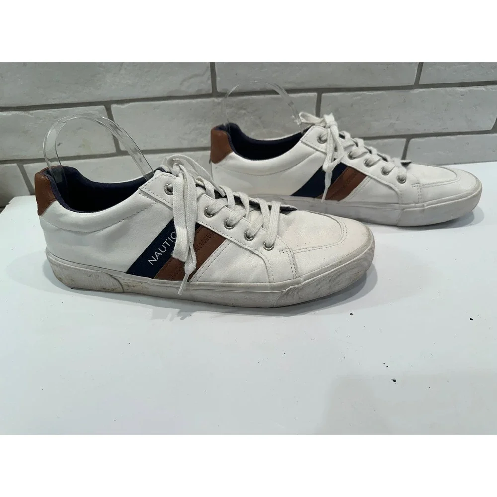 Nautica Garrison Men Size 12‎ White Brown Blue Stripe Casual Sneakers Shoes